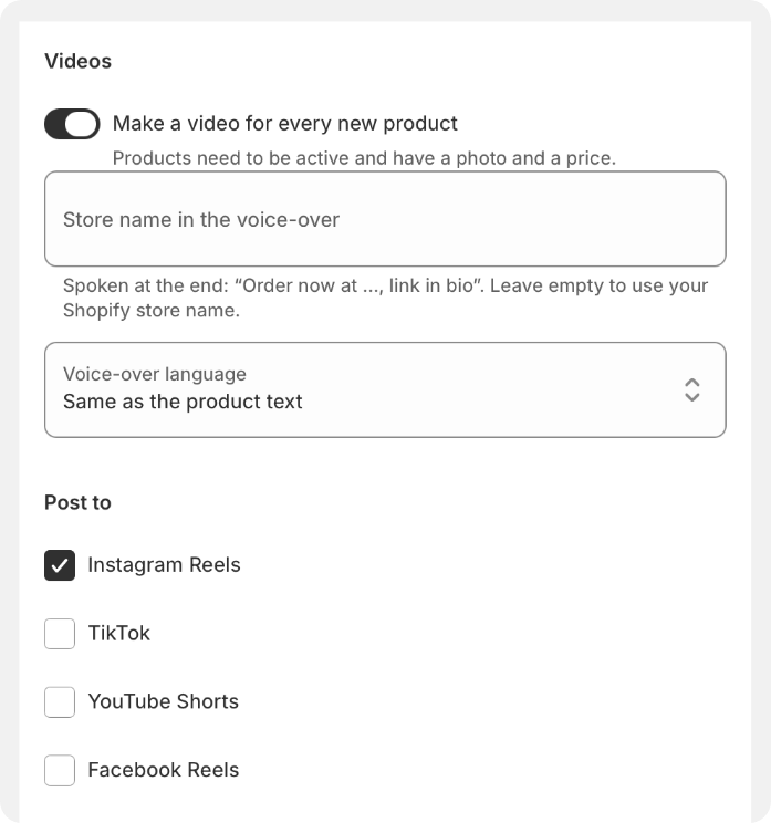 ShopReels settings: video on or off, voice-over language and channels