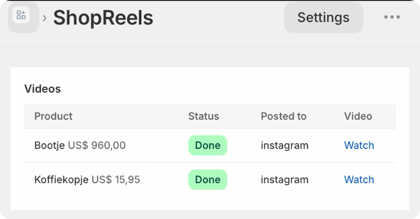 The ShopReels videos overview inside Shopify, with two products marked Done and posted to Instagram